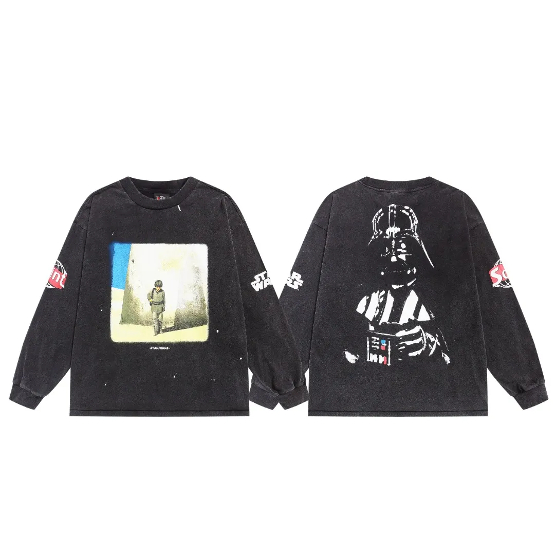 Saint Michael Star Wars VTG American high street washed and distressed loose long-sleeved bottoming T-shirt Fabric: 260g Style number: SM15 Size: S-M-L-XL Color: Black Price: P156